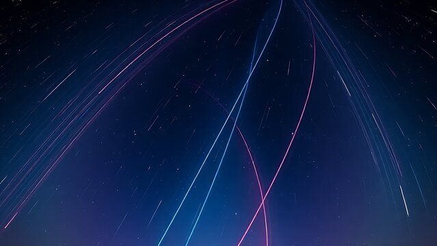 Double-exposure night sky with intersecting vibrant meteor trails, representing celestial events.