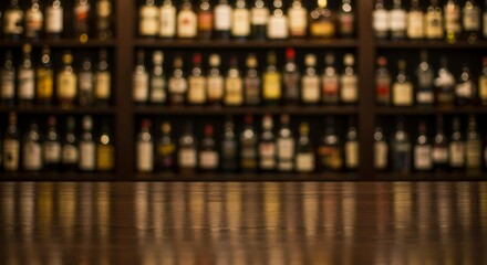 Dark wooden bar top reflects a blurred backdrop of numerous liquor bottles on shelves