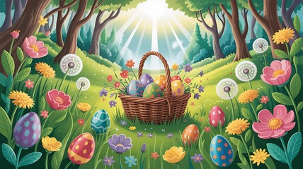 Enchanted Easter Egg Hunt in a Sunlit Forest Meadow