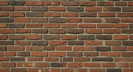 Fototapeta premium A close-up view of a brick wall, showcasing various shades of red and brown bricks, neatly arranged in a classic running bond pattern. The mortar is visible between the bricks