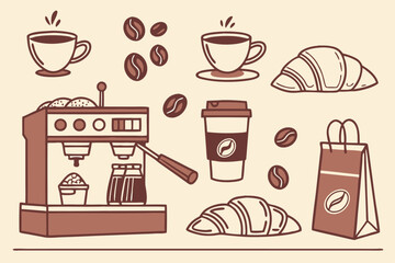 Flat design graphic elements for a modern coffee shop including cups and beans