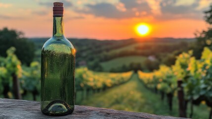 Wine bottle at vineyard sunset