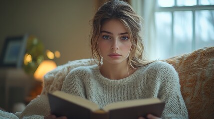 Woman reading book, indoor, cozy