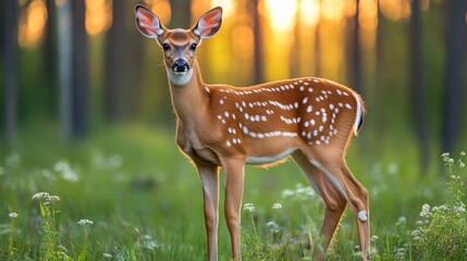 Young deer in a sunlit forest meadow