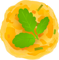 한국 명절 설날, 추석에 사용하기 좋은 음식 ‘전’ 일러스트. 녹색 잎으로 꾸민 동그랑땡 음식 일러스트. 