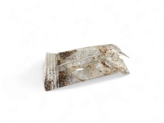 A piece of used food wrapper showing wear and tear, great for concepts of environmental concern, waste management, and sustainability. Isolated on white background