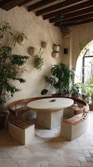 Interior design with round table and benches, surrounded by plants