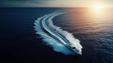 Aerial photography of the wake of a speedboat on the sea
