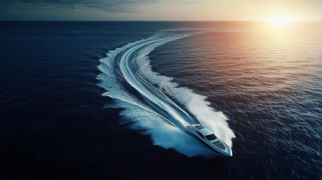 Aerial photography of the wake of a speedboat on the sea