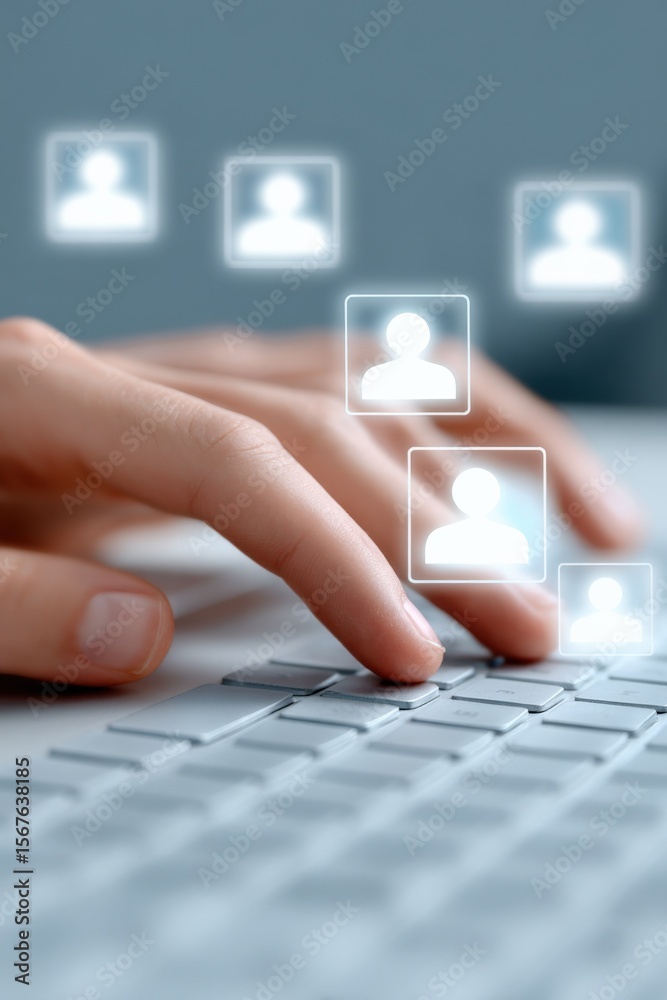 Poster Close-up of human hand typing on keyboard with digital user profile icons floating above, representing online networking and digital communication