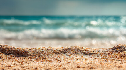 close-up of beach sand with ocean foam in background, perfect for spa product promotions, travel blog headers, summer-themed advertisements, or nature textures, copy text
