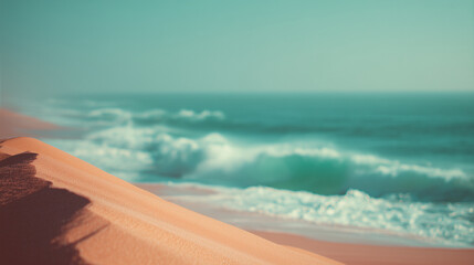close-up of beach sand with ocean foam in background, perfect for spa product promotions, travel blog headers, summer-themed advertisements, or nature textures, copy text
