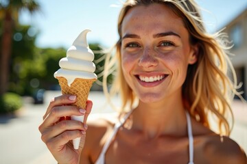 Close-up of a woman clutching a melting ice cream cone in the heat of a summer day.