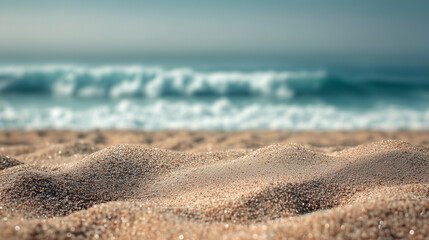 close-up of beach sand with ocean foam in background, perfect for spa product promotions, travel blog headers, summer-themed advertisements, or nature textures, copy text