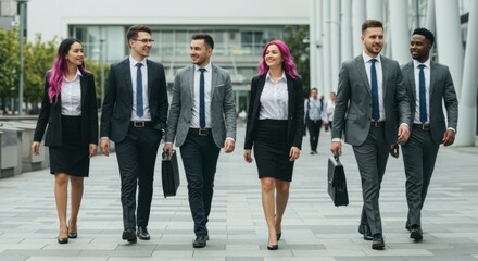 Diverse business team strolling, engaging in conversation, showcasing professionalism and collaboration in modern urban setting