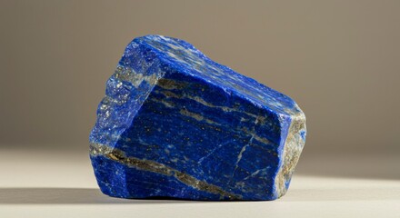 A close-up shot features a vibrant blue, rough-cut gemstone with shimmering golden specks and streaks. Its texture is complex, revealing natural beauty