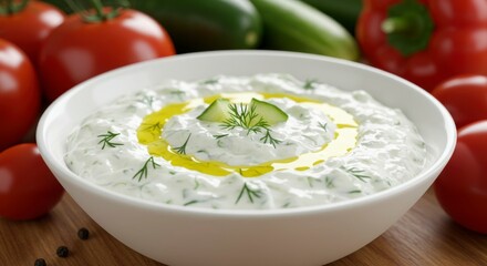 Creamy yogurt dip, garnished with fresh dill and cucumber, with olive oil drizzle
