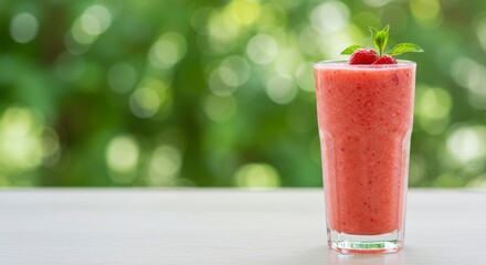 Vibrant pink smoothie topped with fresh raspberries and mint