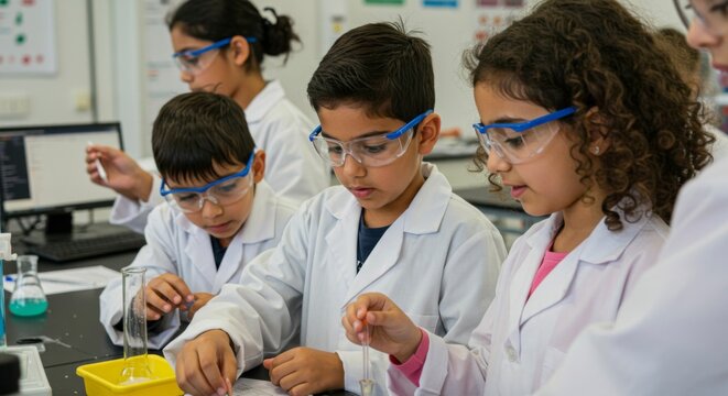 Children wearing safety glasses and coats performing a science experiment in a laboratory, studying