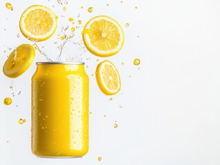 Refreshing Yellow Can with Lemon Splash and Slices on a Bright Background