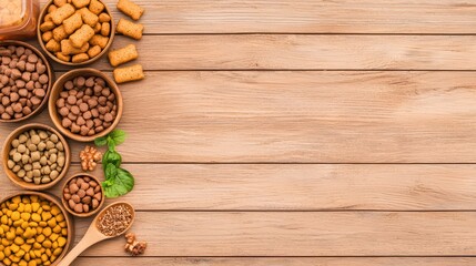 Assorted Pet Food in Bowls on Wood Background with Space for Text and Ingredients for Animal Diets, Healthy Nutrition, and Pet Care