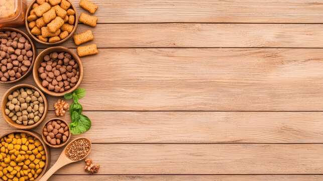 Assorted Pet Food in Bowls on Wood Background with Space for Text and Ingredients for Animal Diets, Healthy Nutrition, and Pet Care