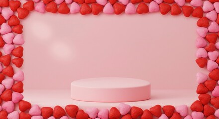 Pink cylindrical platform centered, surrounded by a frame of small red and pink hearts against a pale pink backdrop