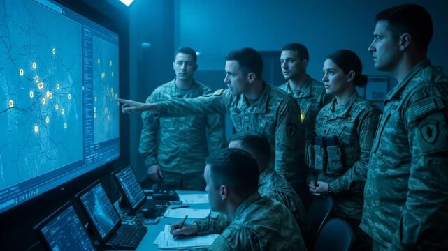Military personnel collaborating and strategizing over digital tactical maps in a command center