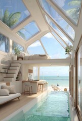 Fototapeta premium Modern beach house with indoor pool. Vast glass roof and walls offer ocean views. Open-plan design with kitchen, living area, and bedroom levels