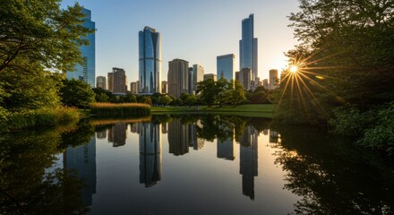 City skyline reflected in a tranquil park pond at sunrise