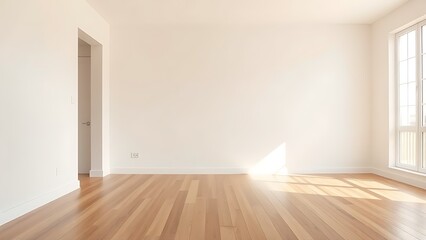 Minimalist mid-century modern living space with wooden floors and soft natural light from a window.