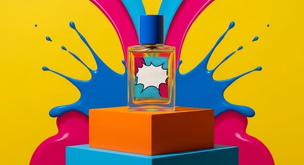 Colorful still life featuring a perfume bottle with pop art label and paint splash