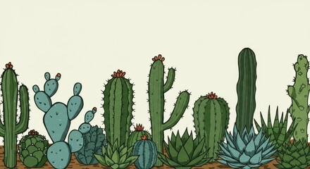 Diverse cacti and succulents in a horizontal arrangement, showcasing various shapes, sizes, and textures.  Ground level view