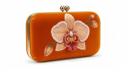 Elegant orange clutch with embroidered orchid design