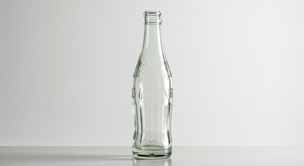 Clear glass bottle, contoured body, narrow neck,  smooth surface,  standing upright on a reflective surface