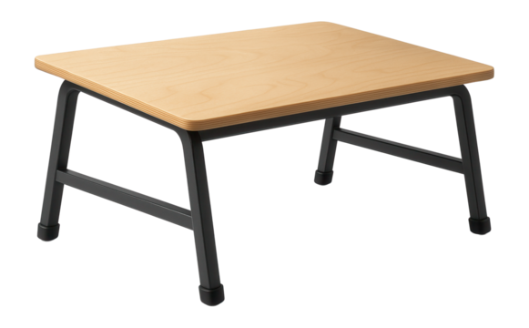 Low drawing table with a sturdy metal frame and a plywood top, suitable for use in a community art class.