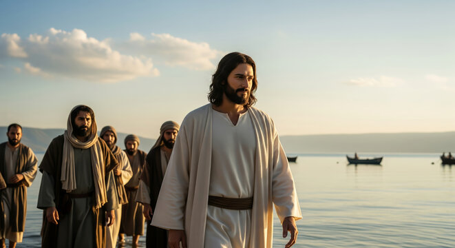 Jesus Christ. Realistic depictions of Jesus Christ based on biblical stories, capturing key moments in his life, teachings, miracles and resurrection with emotional depth and historical accuracy.