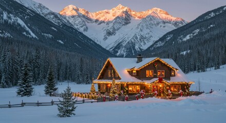 Cozy cabin with lights, nestled in a snowy valley, mountains in the background, illuminated by sunrise