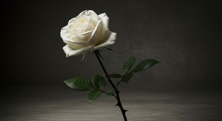 Single elegant white rose against dark backdrop