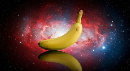 A ripe yellow banana is shown against a vibrant cosmic backdrop, its reflection mirrored on a glossy surface