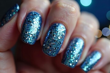 Glittery Manicure Against City Skyline at Night