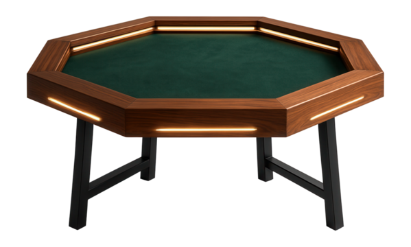 A hexagonal gaming table with integrated LED lights and a felt surface, perfect for a basement game room in a suburban home.