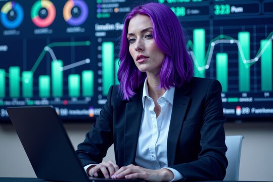 A stylish businesswoman with eye-catching purple hair immersed in a cutting-edge holographic Financial Business Analytics Data Dashboard