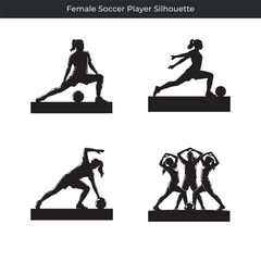 Dynamic black silhouettes depicting female soccer player action on white background