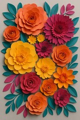 Vibrant Assortment of Handmade Paper Flowers and Leaves on a Neutral Background, Ideal for Craft, Decor and Celebratory Designs.