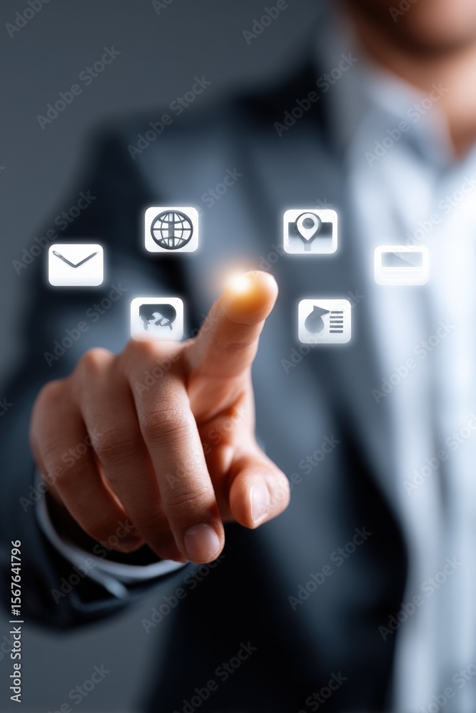Poster Business Professional Touching Digital Technology Icons for Communication and Data Management on Transparent Screen
