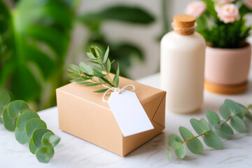 Small gift box with blank label and dried eucalyptus on white background minimalist