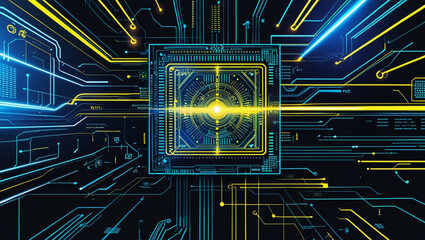 High-tech neon circuit board background with glowing blue and yellow lines on black, featuring digital data flow, geometric cyber patterns, and a radiant futuristic CPU interface design