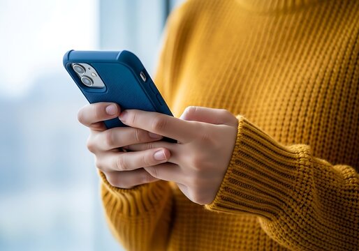 A Person Wearing A Yellow Knitted Sweater Is Holding And Using A Smartphone In A Blue Case, Close-Up View, Mobile Technology, Digital Connectivity