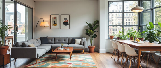 Stylish Retro-Inspired Open-Plan Living and Dining Area with Mid-Century Modern Aesthetic